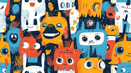 Obraz premium Colorful Monster Doodles Seamless Pattern - Fun and Whimsical Cartoon Creatures for Kids' Designs, Textiles, and Backgrounds