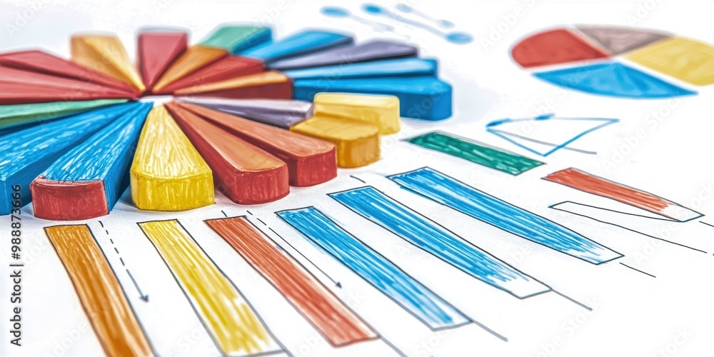 Poster colorful charts and graphs displayed with vibrant crayons, representing data analysis and creative v