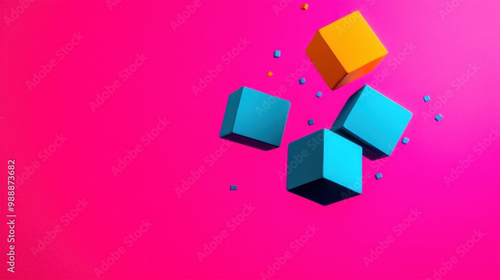 Poster colorful geometric shapes floating against a vibrant pink background, creating a playful and dynamic