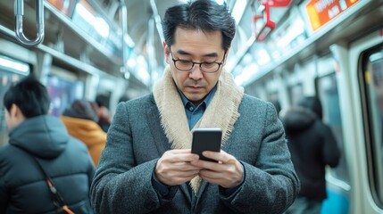 Businessman focused on smartphone while navigating through a crowded train during rush hour