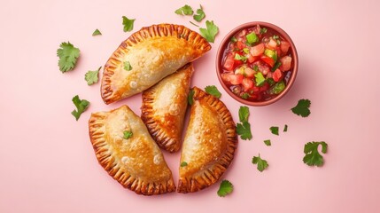 A delicious arrangement of empanadas with fresh salsa and cilantro on a pink background.