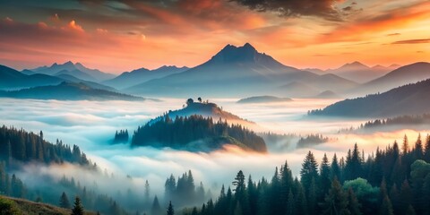 Fototapeta premium Misty dawn breaks over the mountain valley, painterly brushstrokes of soft mint and salmon hues blending with the morning fog, a dreamy stillness pervading the air as the sun rises