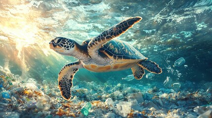 Turtle Swimming Through Ocean Pollution