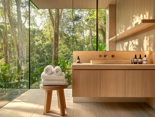A bathroom with a wooden vanity and a sink. A wooden stool is placed next to the sink. There are two bottles on the counter, one of which is a bottle of lotion