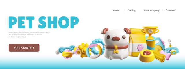 Pet shop advertising web banner cute 3D style vector, dogs toys, pet nutrition and accessories, care supplies, zoo store