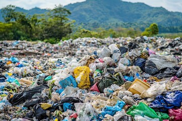 A large heap of discarded plastic waste in a landfill, illustrating pollution and environmental challenges, with the sunset in the background.