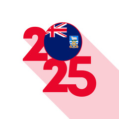 2025 banner with Falkland Islands flag inside. Vector illustration.
