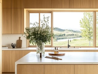 Fototapeta premium A kitchen with a large window and a wooden counter. A vase of flowers sits on the counter