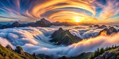 Panoramic vista of mountain range undulates beneath a swirling vortex of iridescent clouds, as misty dawn light casts an ethereal glow on mist-shrouded peaks.