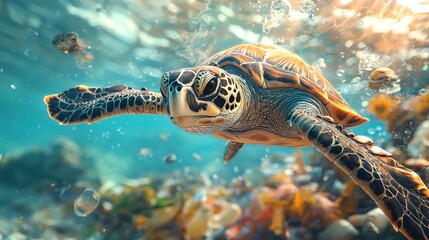 Fototapeta premium Sea Turtle Swimming in Ocean Surrounded by Plastic Waste