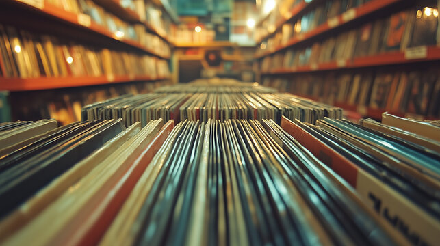 stack of music records on shelves in the store