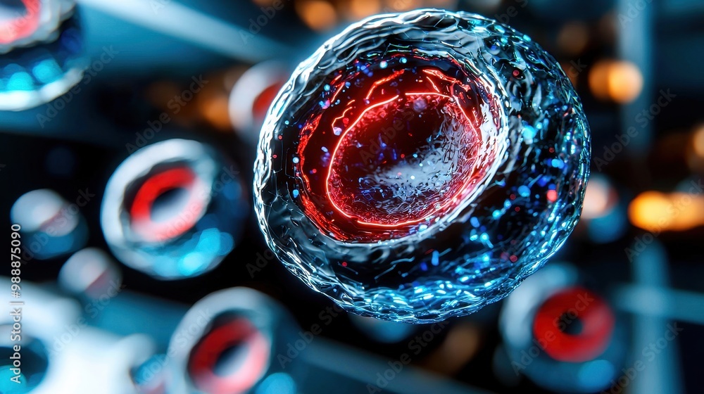 Poster dynamic close-up of a cell showcasing intricate structures, representing the beauty of biological sc