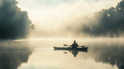 Fototapeta na wymiar serene Sunday morning by lake with mist rising, featuring lone kayaker gliding through calm waters. tranquil atmosphere evokes sense of peace and reflection