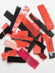 Abstract Collage Art with Vibrant Red, Black, and Pink Strips on White Background - Modern Mixed Media Artwork