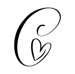 Script capital font logo calligraphy love letter C initial. Hand drawn vector brush style flourish. Vintage heart monogram. Valentine flourish element. Sign for page decoration design illustration