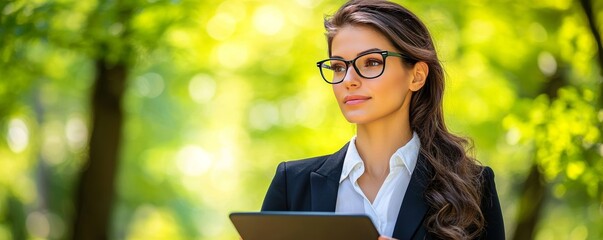 Fototapeta premium Confident Businesswoman with Glasses Holding Tablet Against Vibrant Bokeh Background in Outdoor Setting