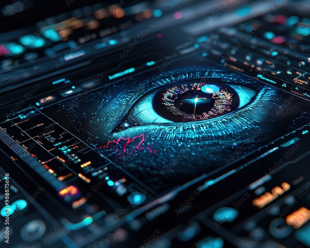 Poster futuristic digital eye interface showcasing advanced technology and data visualization.