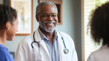 smiling doctor in white coat engages with two women, showcasing warm and friendly atmosphere in healthcare setting. doctor wears glasses and has stethoscope around his neck, emphasizing his