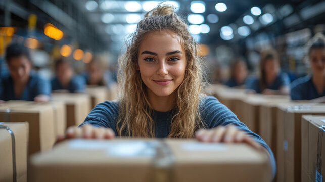 A young woman smiles while preparing packages for shipment in warehouse, showcasing teamwork and dedication in nonprofit setting