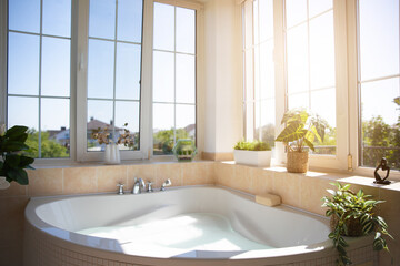 A bright, modern bathroom with a luxurious corner bathtub filled with water, surrounded by large windows letting in natural light. Green plants and elegant decor add a serene, spa-like atmosphere.