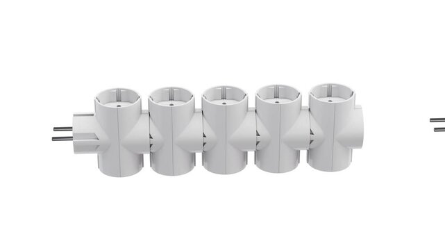 A 3D model of a white tee conforming to European standards, with three output channels. A set of six adapters is arranged in a linear order, resembling a chain. Isolated on white background. 3D render