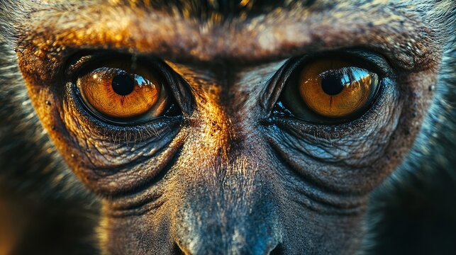 close-up of a wild monkey with expressive eyes and detailed fur, illuminated in natural light, capturing the deep emotions and reflective nature of this exotic animal