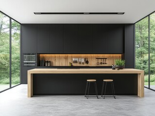 A kitchen with a black countertop and a wooden island. There are two stools and a potted plant on the island