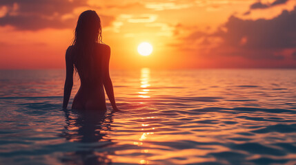 Fototapeta premium silhouette of a young woman at sunset on the sea