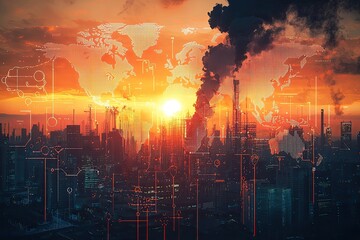 Fototapeta premium A large industrial complex emitting thick smoke under a vibrant sunset, highlighting urban pollution and environmental impact concerns.