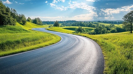 Naklejka premium curvy road through a green grass landscape under a blue sky offering a scenic route for a peaceful countryside journey perfect for summer road adventures and outdoor travel