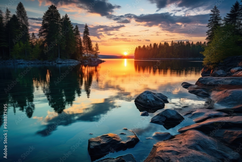 Wall mural Crystal clear sunset lake wilderness.