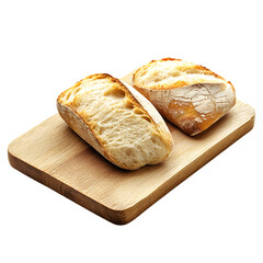 Naklejka premium Two freshly baked ciabatta bread loaves on a wooden cutting board