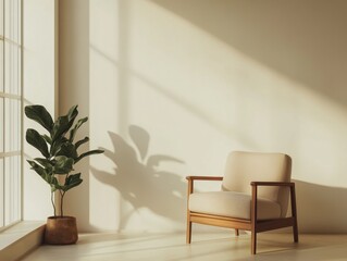 A chair is sitting in front of a window. The chair is white and wooden. There is a potted plant in front of the chair