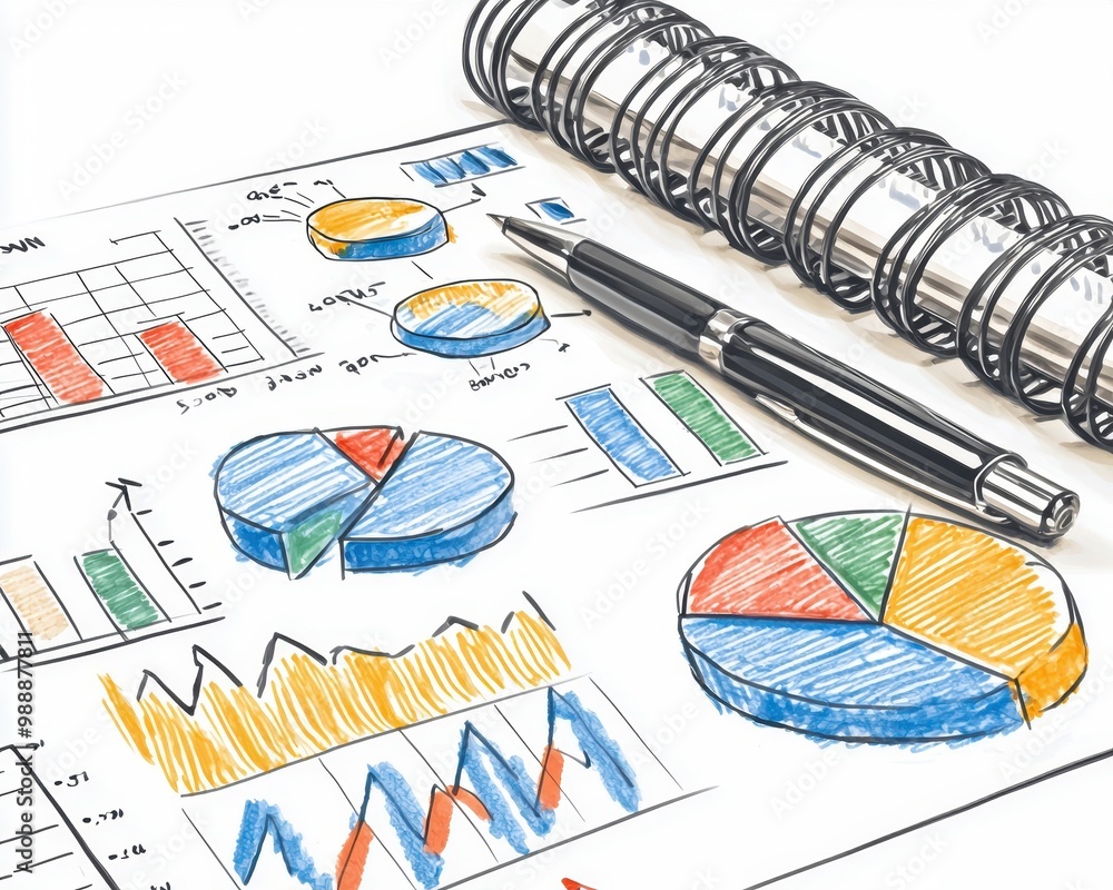 Poster a colorful illustration of charts and graphs with a pen on the notepad, representing data analysis a