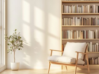 A white chair is in front of a bookshelf. The chair is empty. The bookshelf is full of books