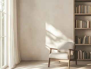 A white chair is in front of a bookshelf. The bookshelf is full of books