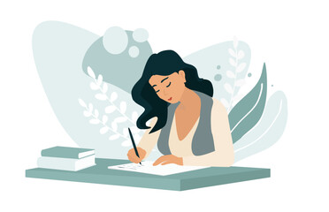 Woman working at her desk at home. Woman writing in a journal, making notes. Wistfulness, mindfulness, journaling, hand writing.
