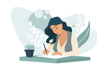 Woman working at her desk at home. Woman writing in a journal, making notes. Wistfulness, journaling, hand writing.
