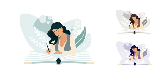 Open book concept. Woman handwriting something coming out from open book. 3 colour concepts
