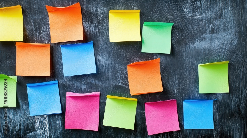 Poster a chalkboard filled with colorful sticky notes of various sizes and shapes, scattered across the sur