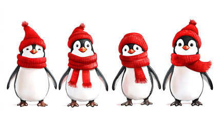 Fototapeta premium four cute penguins in red scarves stand together in the snow. Festive winter holiday scene with Christmas elements and playful penguin figures.”