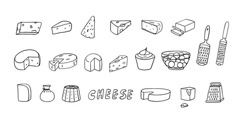 Cheeses collection in doodle style. Feta, maasdam, burrata, mozzarella, radamer, swiss cheese, brie, parmesan, ricotta, mascarpone, gorgonzola, roquefort, stillon, gouda, camembert. Hand drawn