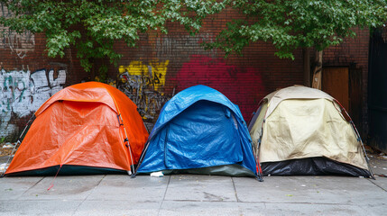Namioty i prowizoryczne obozowiska ustawione wzdłuż ulicy, z przechodniami mijającymi je z obojętnością.