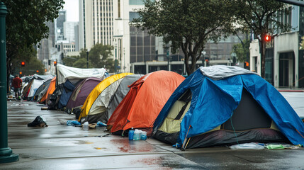 Namioty i prowizoryczne obozowiska ustawione wzdłuż ulicy, z przechodniami mijającymi je z obojętnością.