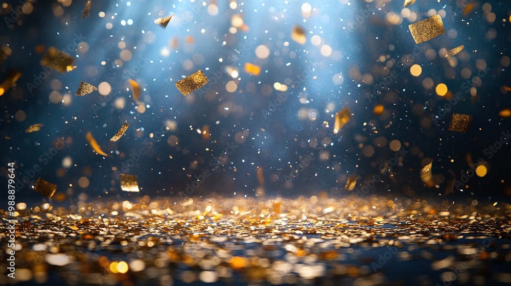 Poster dark background with golden confetti on stage ideal for elegant product presentations party mockups 