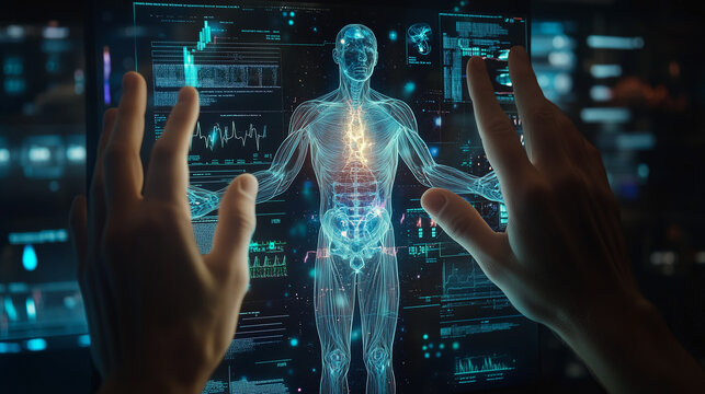  Ręce lekarza trzymające ekran z hologramem ludzkiego ciała. Dane takie jak rytm serca, i inne wskaźniki zdrowotne otaczają hologram, co symbolizuje przyszłość medycyny cyfrowej i dokładną diagnostykę