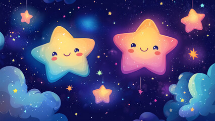 Starry Friends Wonderland, Brighten up any room with this charming wallpaper featuring adorable cartoon-style stars in a playful wonderland.