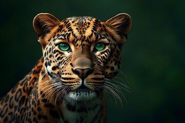 Fototapeta premium Close-up portrait of a leopard with striking green eyes against a dark green background with copy space