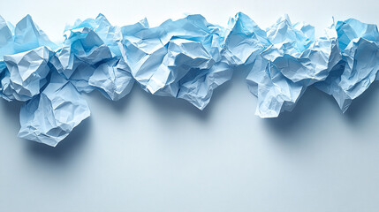 Fototapeta premium A creative display of crumpled blue paper against a smooth white background, perfect for artistic and abstract concepts.