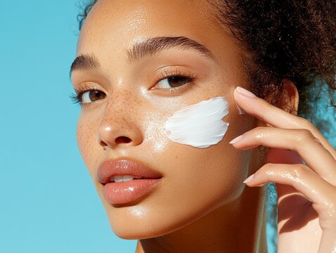 Close-up of a Woman Applying Non-Greasy Sunscreen to Her Face, Leaving No Residue on Her Skin, Against a Blue Background